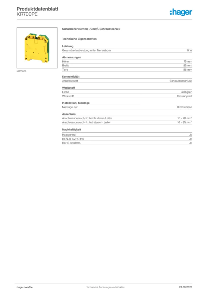Bild Hager Produktdatenblatt KR700PE | Hager Deutschland