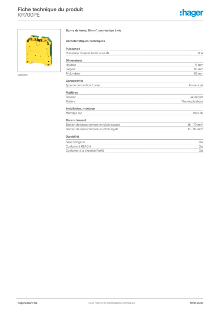 Image Hager Fiche technique du produit KR700PE | Hager Belgique