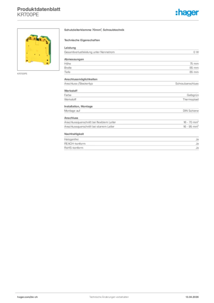 Bild Hager Produktdatenblatt KR700PE | Hager Schweiz