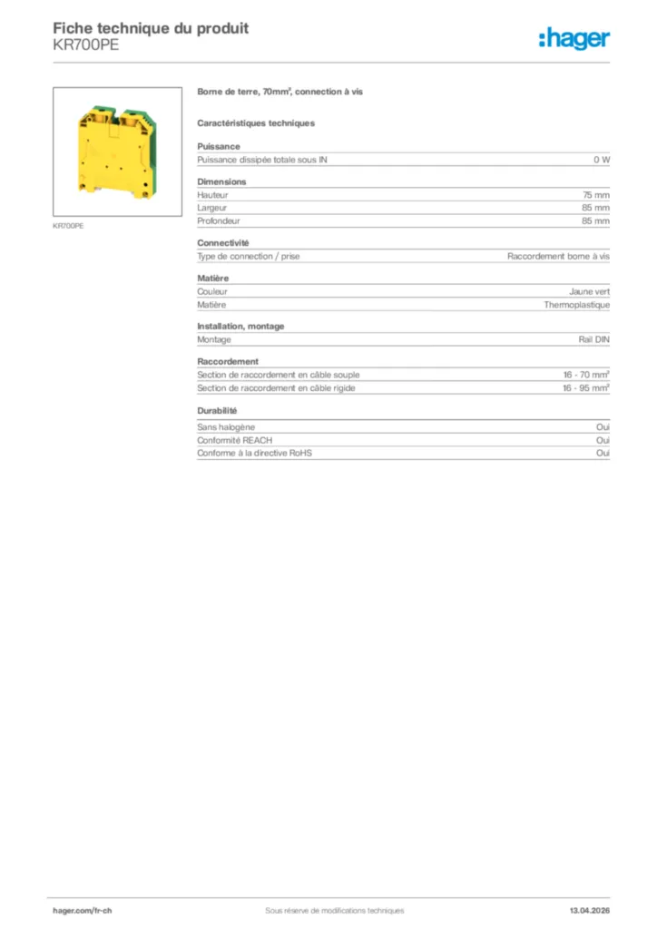 Image Hager Fiche technique du produit KR700PE | Hager Suisse