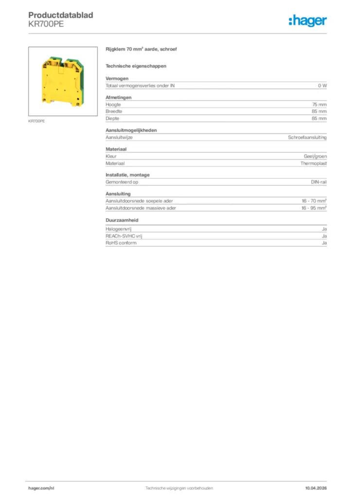 Afbeelding Hager Productdatablad KR700PE | Hager Nederland