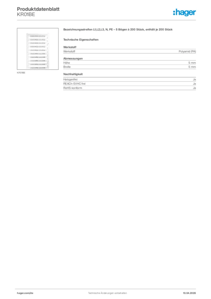 Bild Hager Produktdatenblatt KR01BE | Hager Deutschland