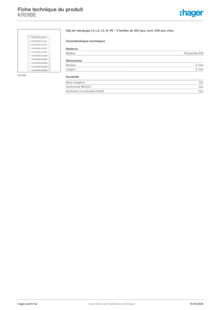 Image Hager Fiche technique du produit KR01BE | Hager Belgique