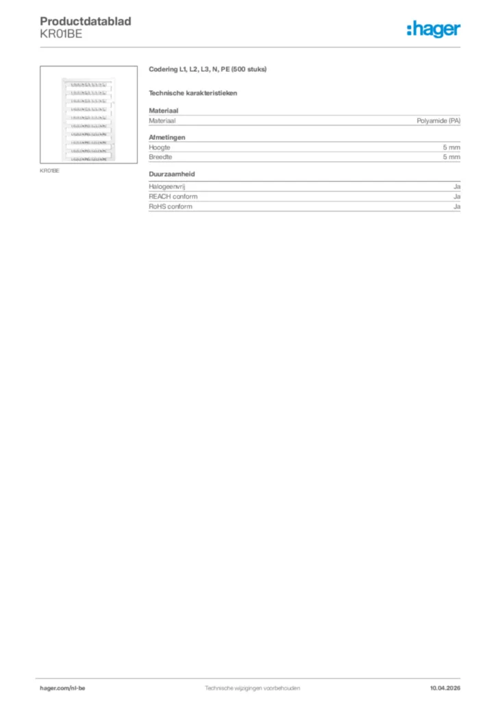 Afbeelding Hager Productdatablad KR01BE | Hager Belgium