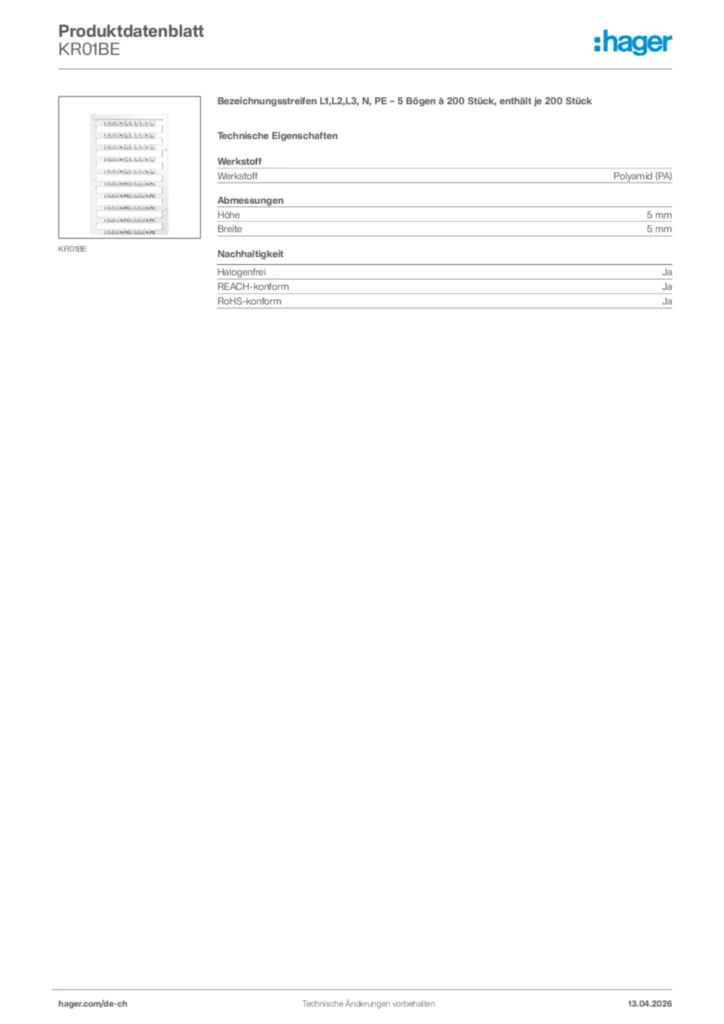 Bild Hager Produktdatenblatt KR01BE | Hager Schweiz