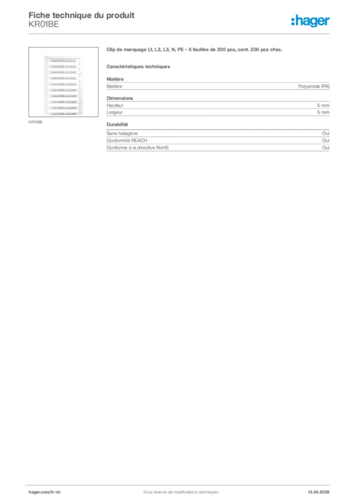 Image Hager Fiche technique du produit KR01BE | Hager Suisse