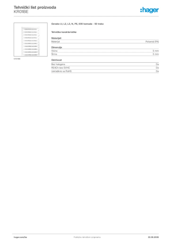Slika Hager Tehnički list proizvoda KR01BE  | Hager