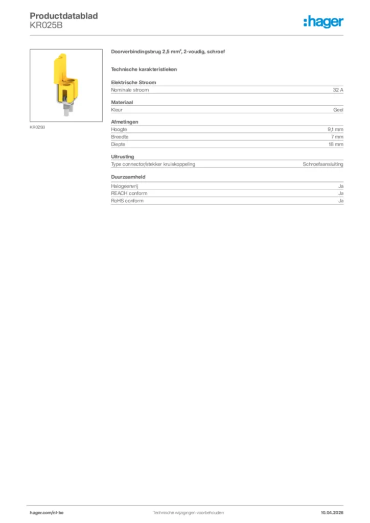 Afbeelding Hager Productdatablad KR025B | Hager Belgium
