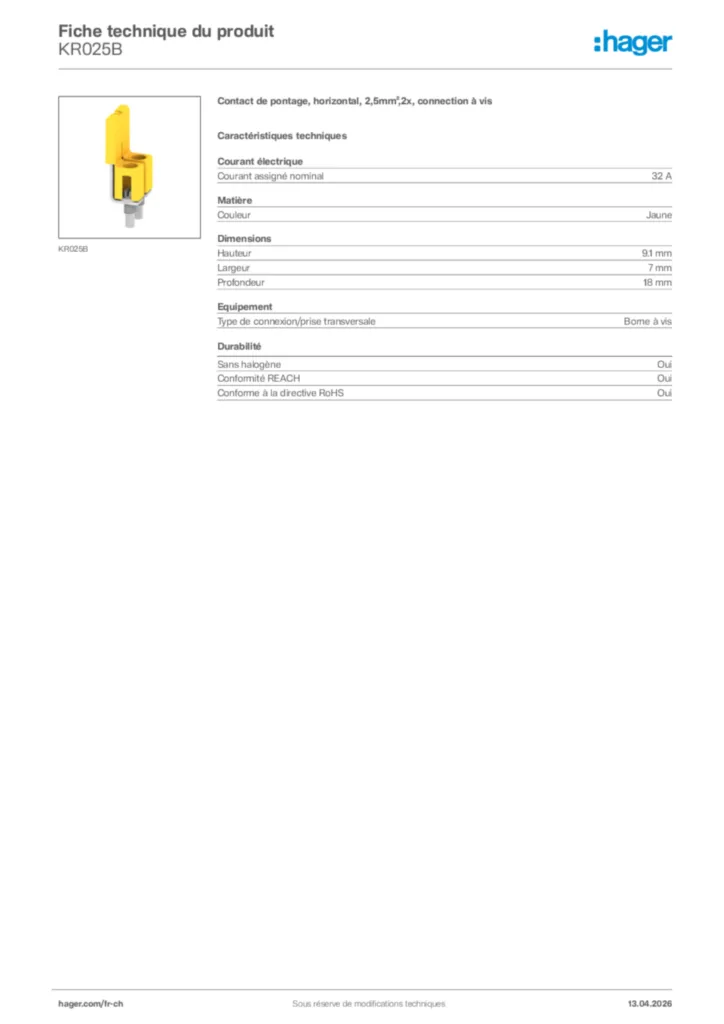 Image Hager Fiche technique du produit KR025B | Hager Suisse