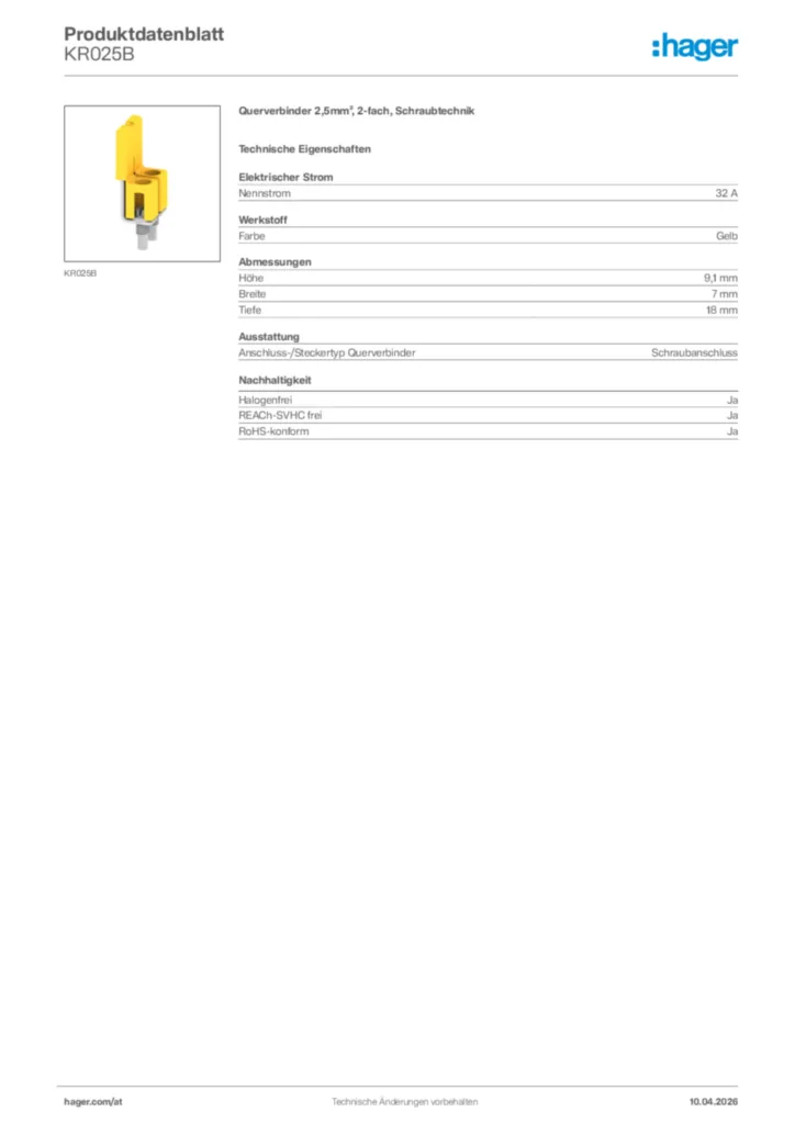 Bild Hager Produktdatenblatt KR025B | Hager Deutschland