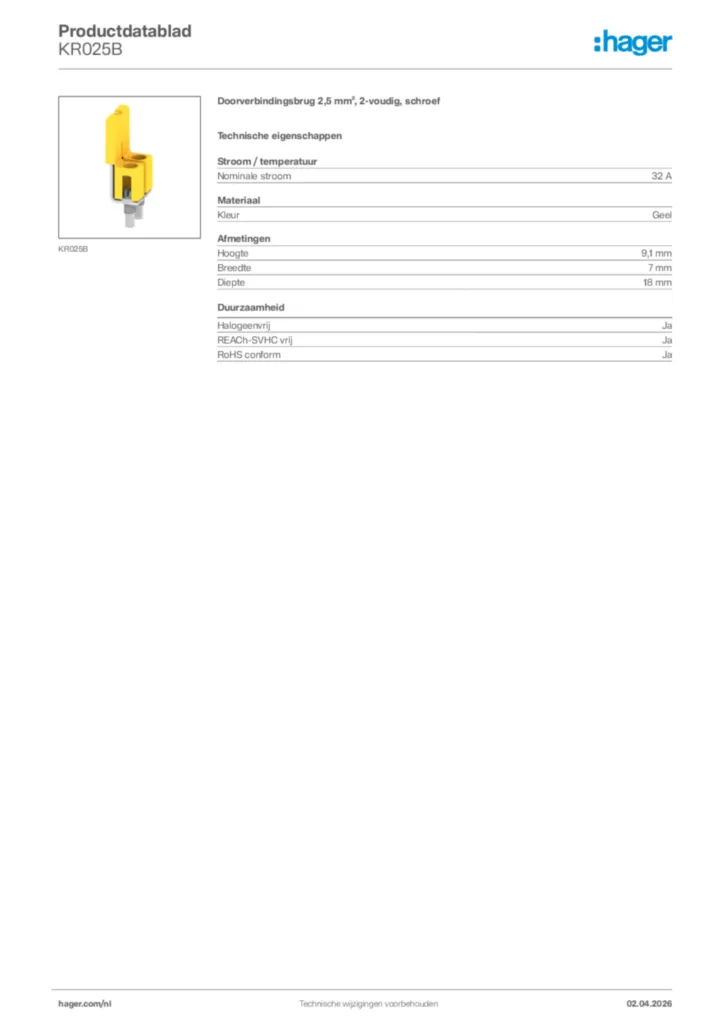 Afbeelding Hager Productdatablad KR025B | Hager Nederland