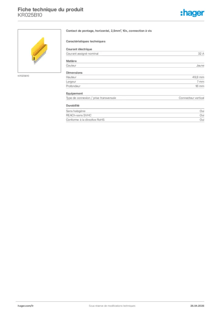 Image Hager Fiche technique du produit KR025B10 | Hager France