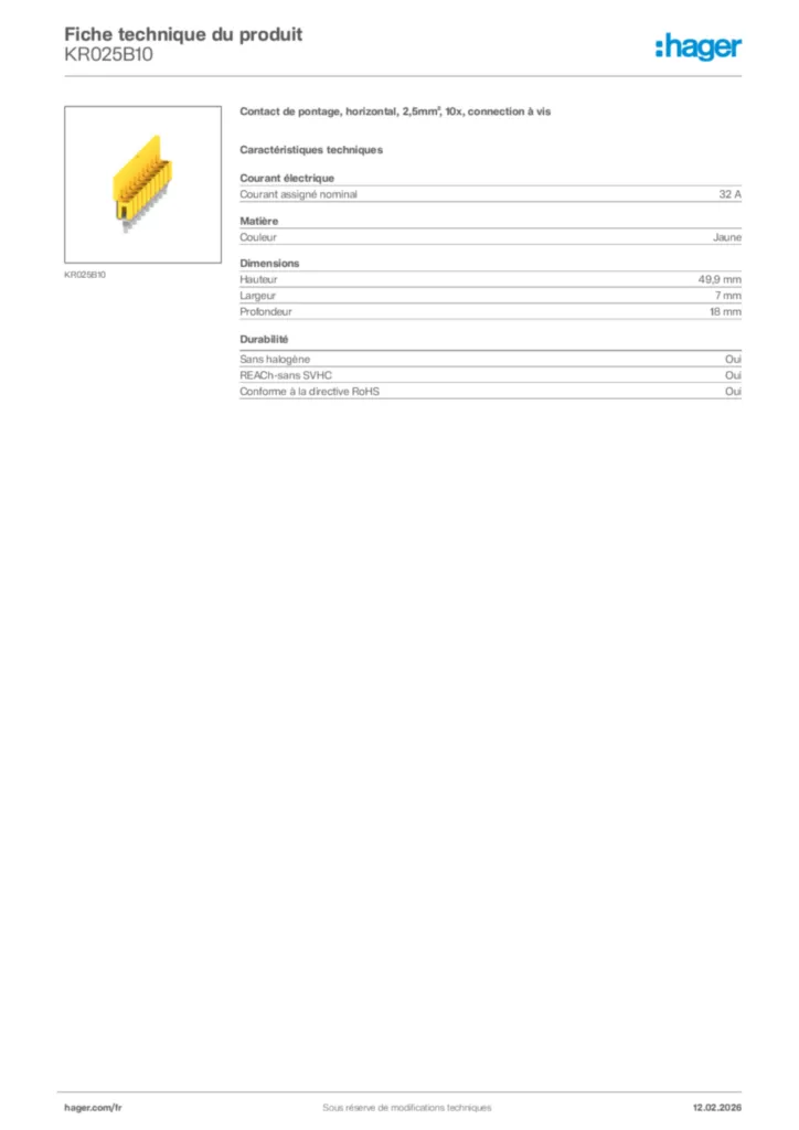 Image Hager Fiche technique du produit KR025B10 | Hager France