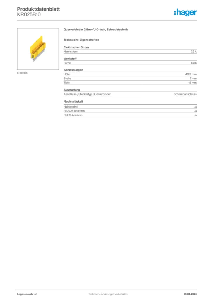 Bild Hager Produktdatenblatt KR025B10 | Hager Schweiz
