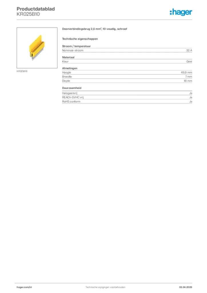 Afbeelding Hager Productdatablad KR025B10 | Hager Nederland
