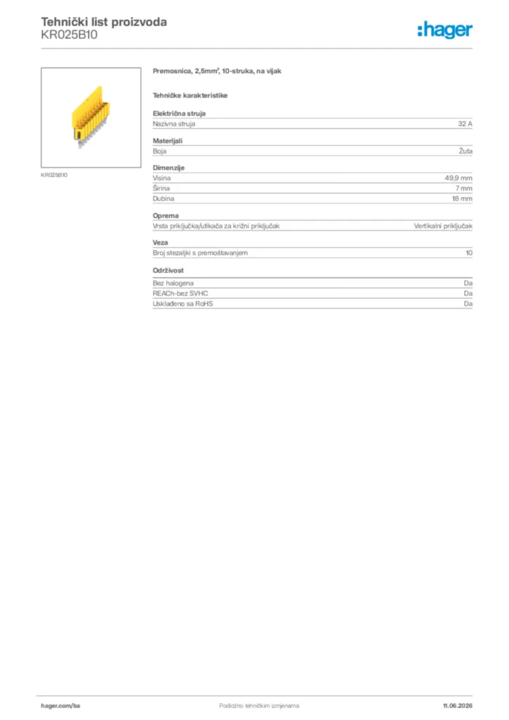 Slika Hager Tehnički list proizvoda KR025B10  | Hager