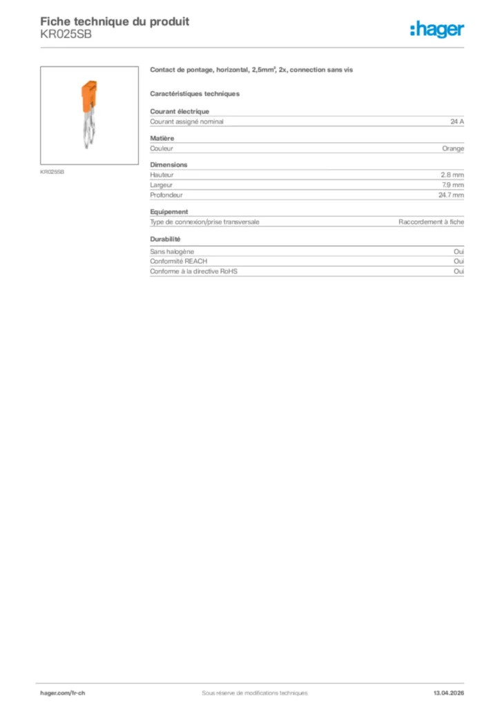 Image Hager Fiche technique du produit KR025SB | Hager Suisse