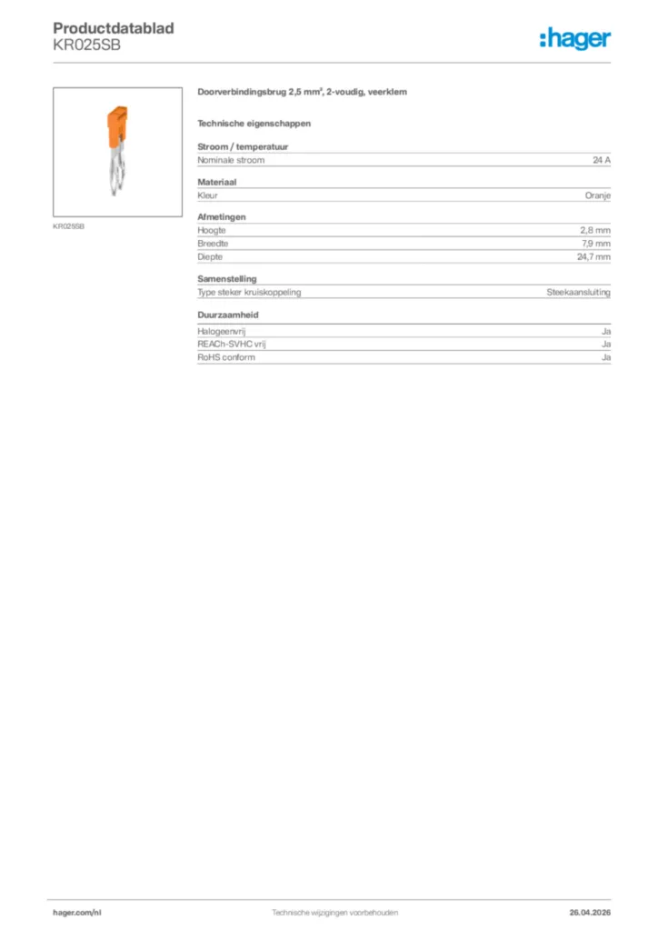 Afbeelding Hager Productdatablad KR025SB | Hager Nederland
