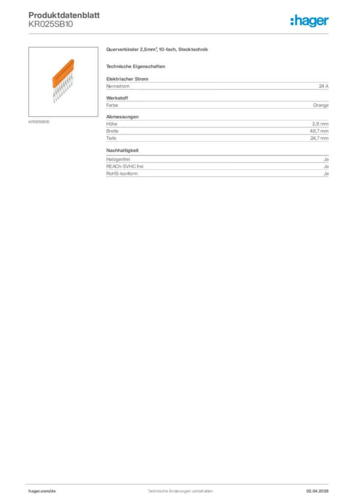 Bild Hager Produktdatenblatt KR025SB10 | Hager Deutschland