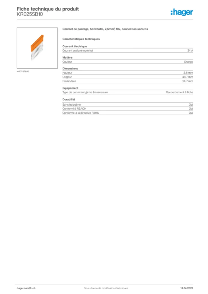 Image Hager Fiche technique du produit KR025SB10 | Hager Suisse