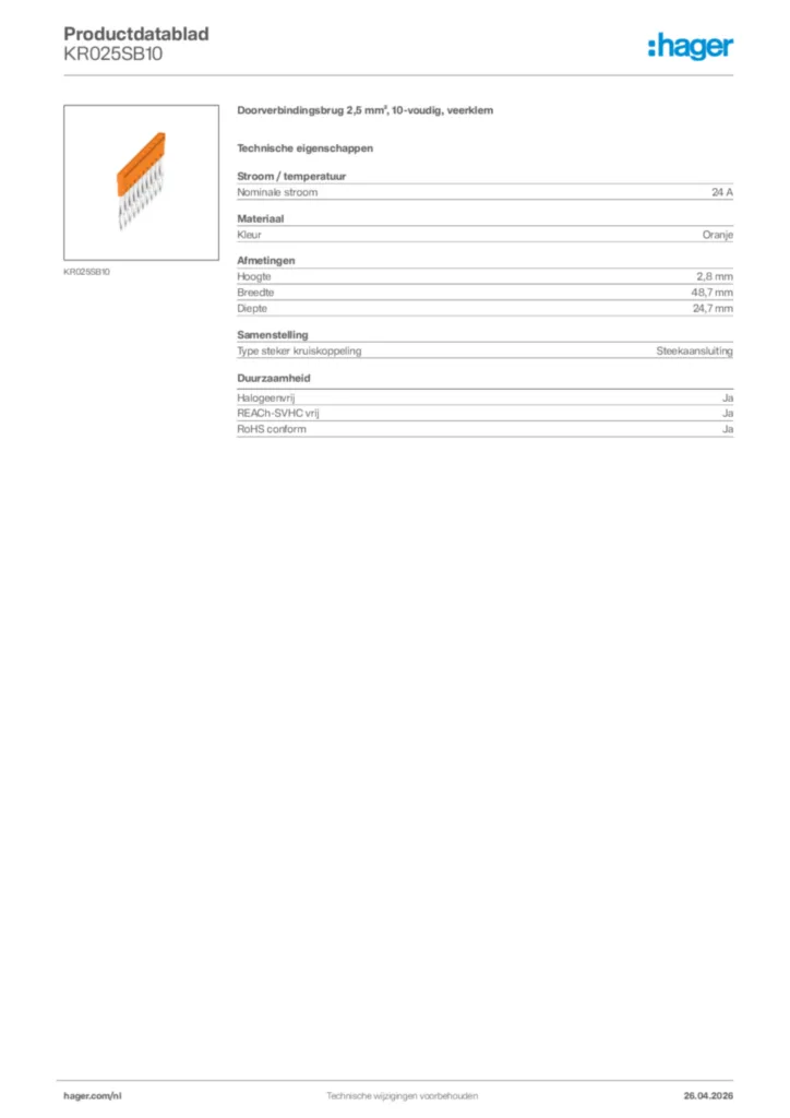 Afbeelding Hager Productdatablad KR025SB10 | Hager Nederland