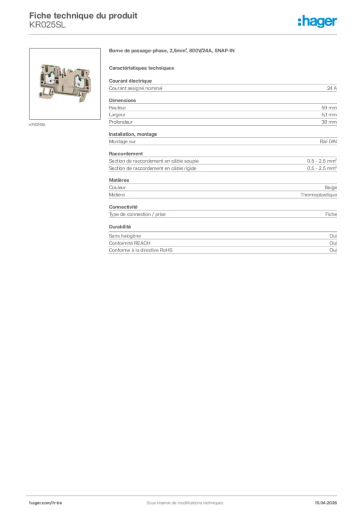 Image Hager Fiche technique du produit KR025SL | Hager Belgique