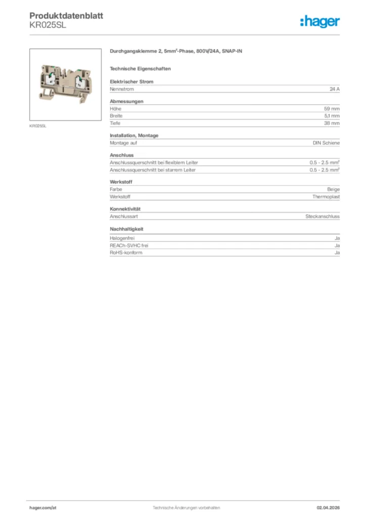 Bild Hager Produktdatenblatt KR025SL | Hager Deutschland