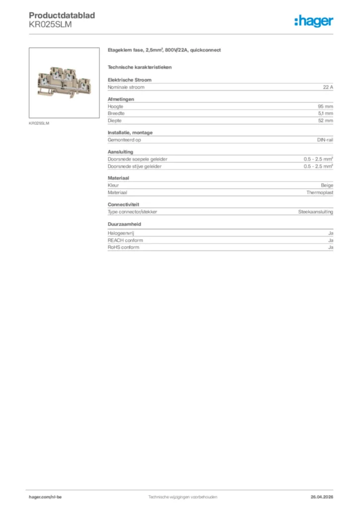 Afbeelding Hager Productdatablad KR025SLM | Hager Belgium