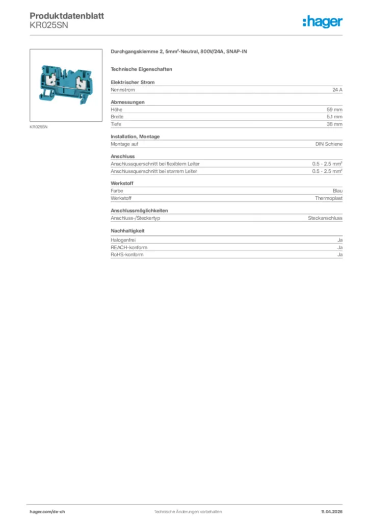 Bild Hager Produktdatenblatt KR025SN | Hager Schweiz