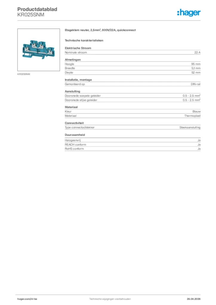 Afbeelding Hager Productdatablad KR025SNM | Hager Belgium