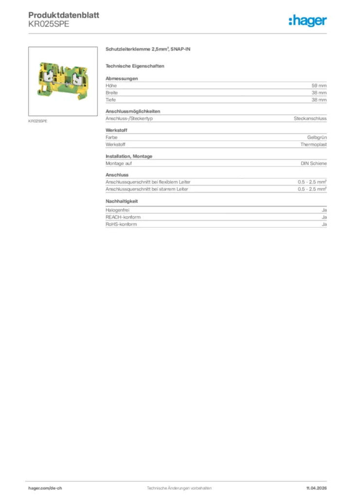 Bild Hager Produktdatenblatt KR025SPE | Hager Schweiz