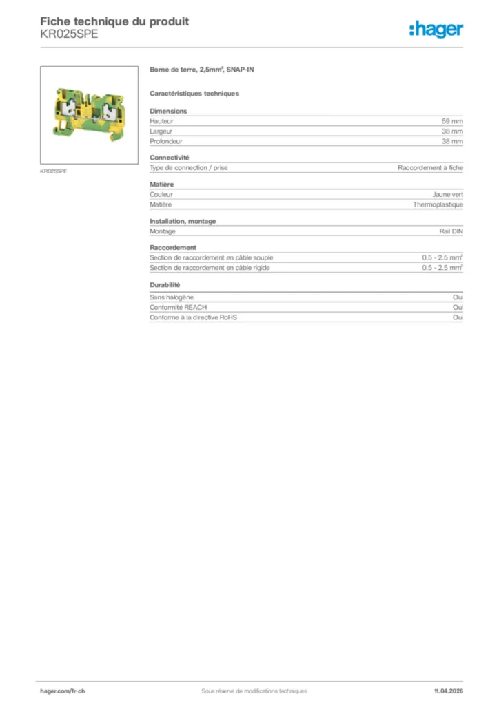 Image Hager Fiche technique du produit KR025SPE | Hager Suisse