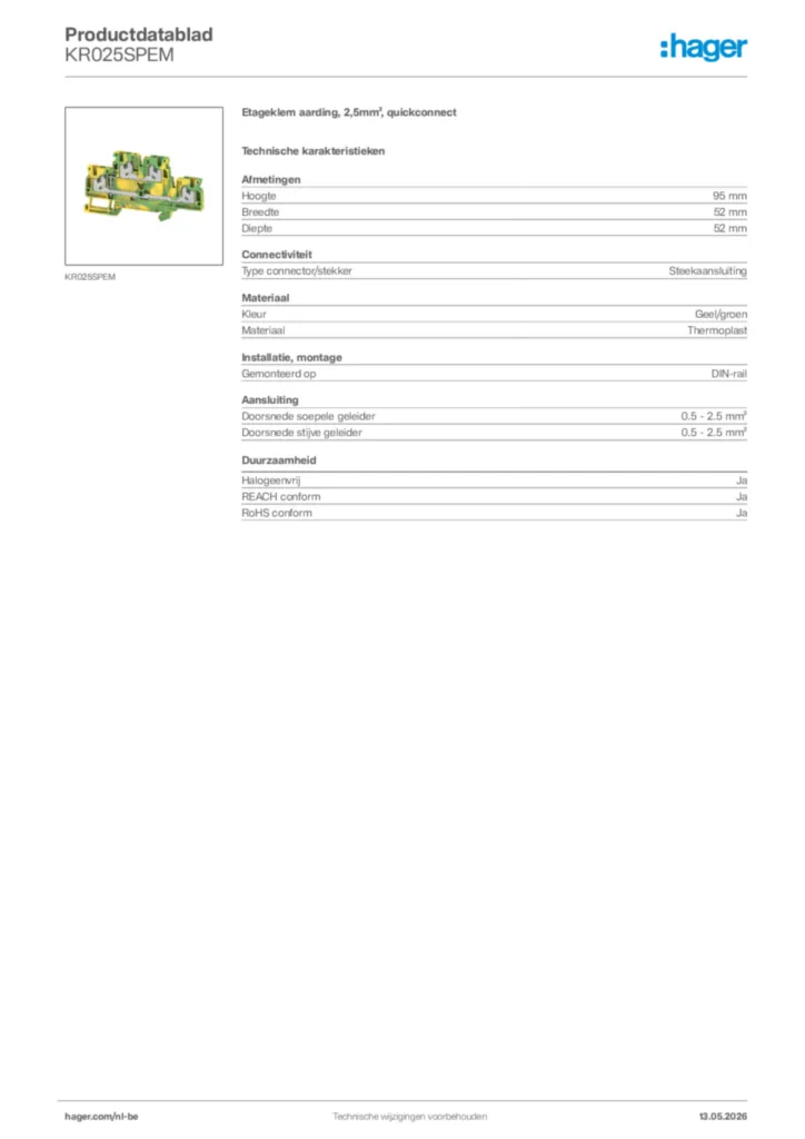 Afbeelding Hager Productdatablad KR025SPEM | Hager Belgium