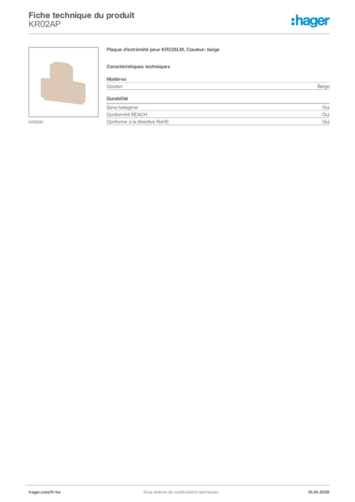 Image Hager Fiche technique du produit KR02AP | Hager Belgique