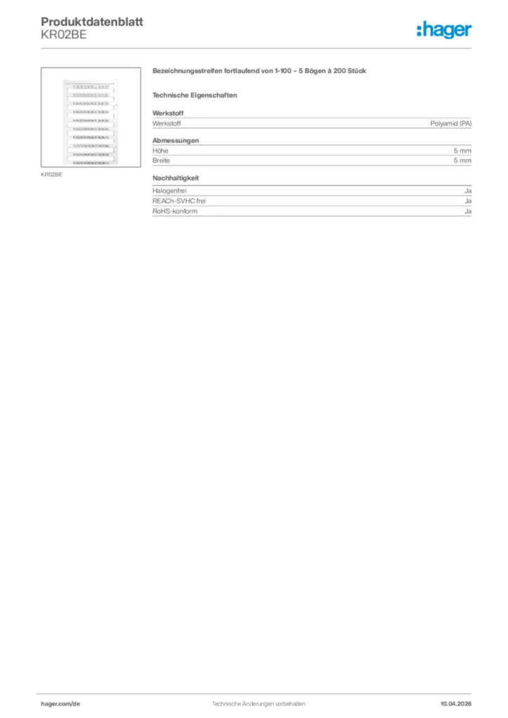 Bild Hager Produktdatenblatt KR02BE | Hager Deutschland