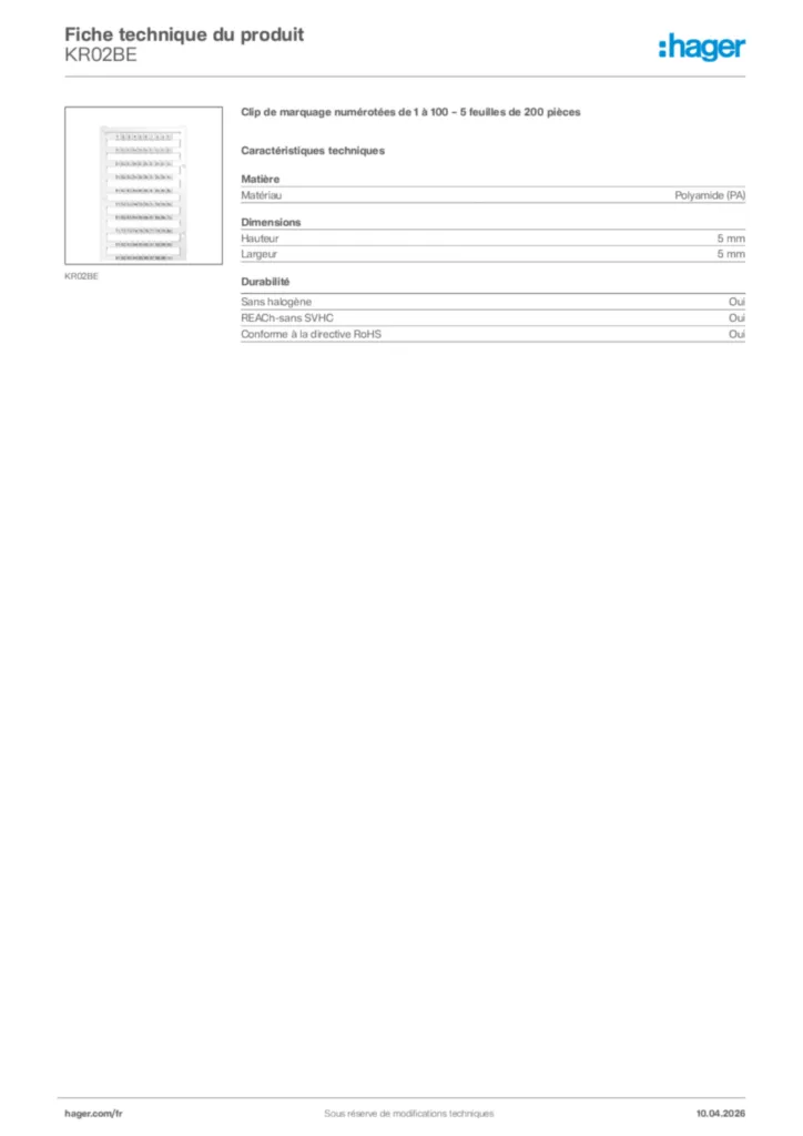 Image Hager Fiche technique du produit KR02BE | Hager France