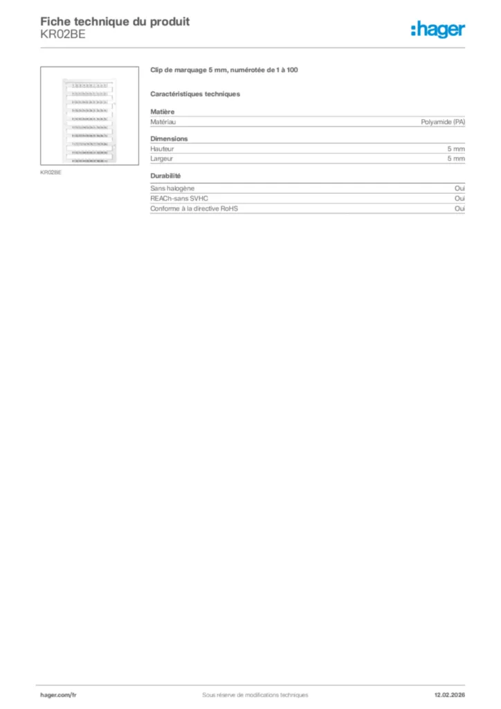 Image Hager Fiche technique du produit KR02BE | Hager France