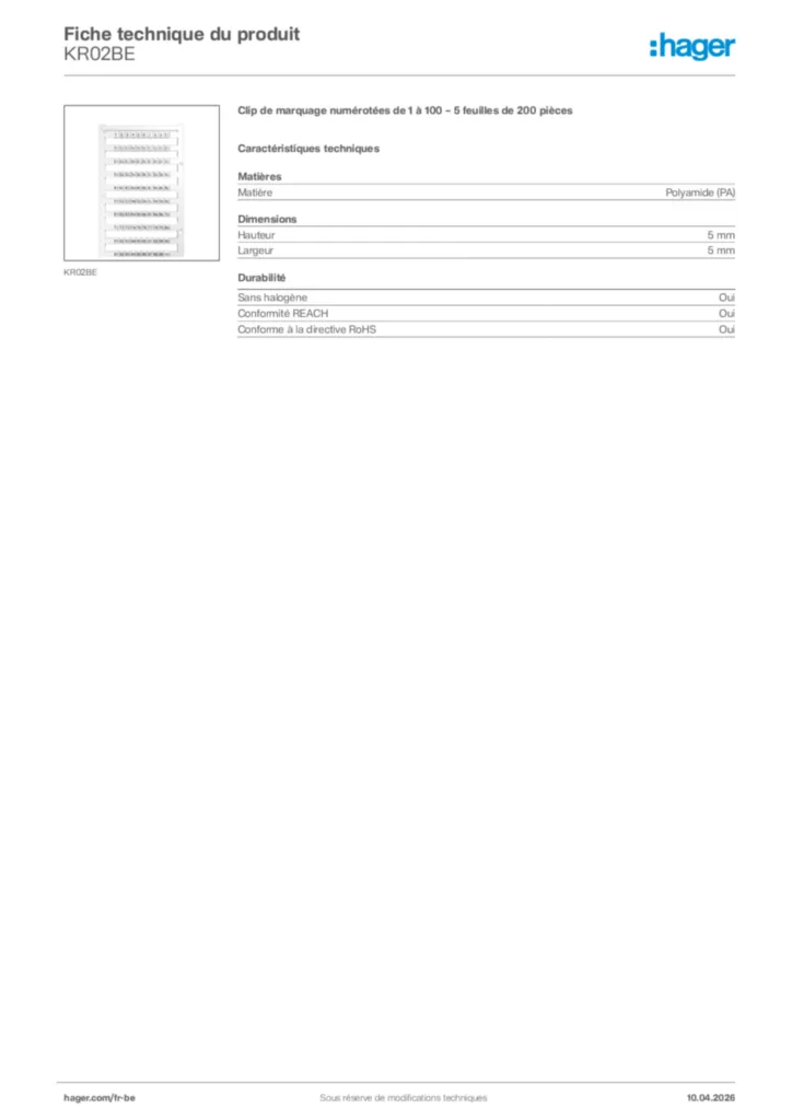 Image Hager Fiche technique du produit KR02BE | Hager Belgique