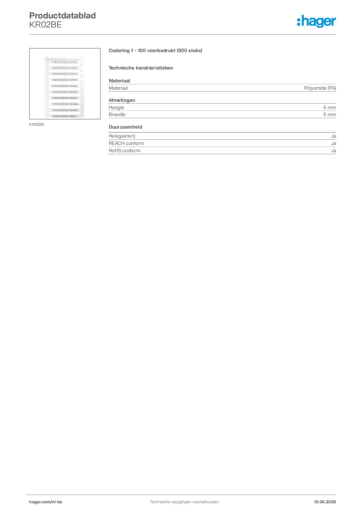 Afbeelding Hager Productdatablad KR02BE | Hager Belgium