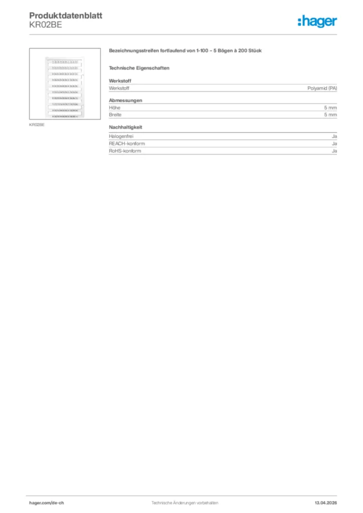 Bild Hager Produktdatenblatt KR02BE | Hager Schweiz