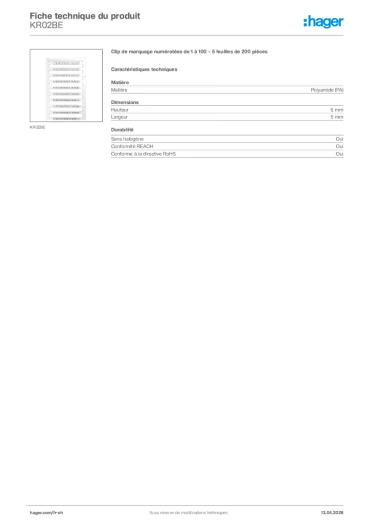 Image Hager Fiche technique du produit KR02BE | Hager Suisse