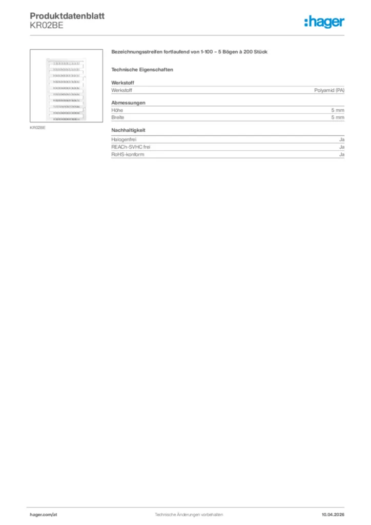 Bild Hager Produktdatenblatt KR02BE | Hager Deutschland