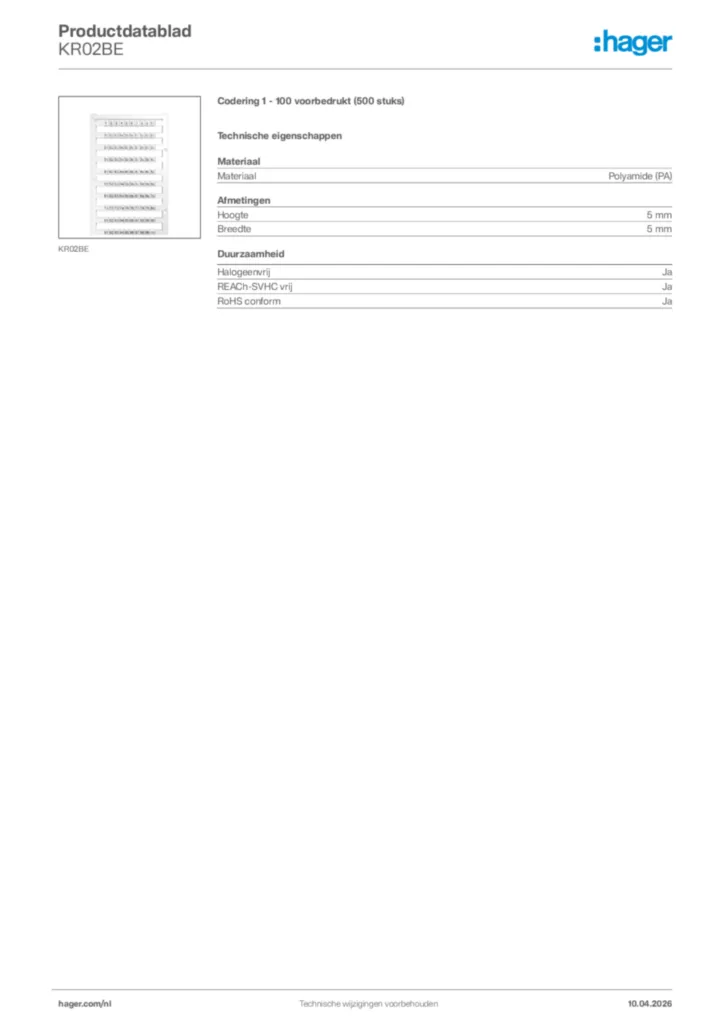 Afbeelding Hager Productdatablad KR02BE | Hager Nederland