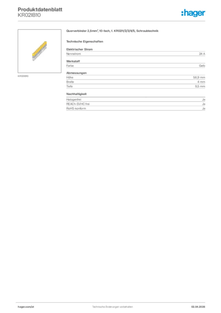 Bild Hager Produktdatenblatt KR02IB10 | Hager Deutschland