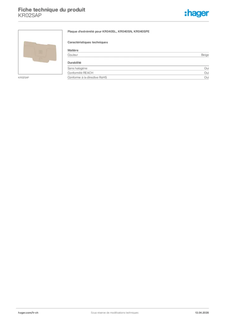 Image Hager Fiche technique du produit KR02SAP | Hager Suisse