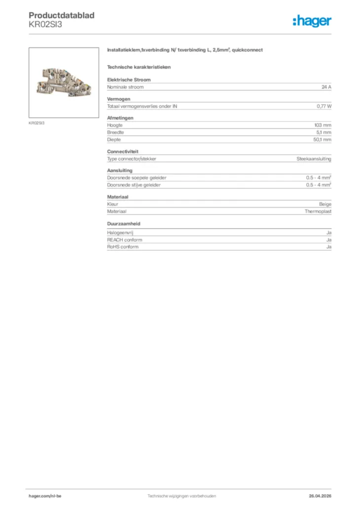 Afbeelding Hager Productdatablad KR02SI3 | Hager Belgium