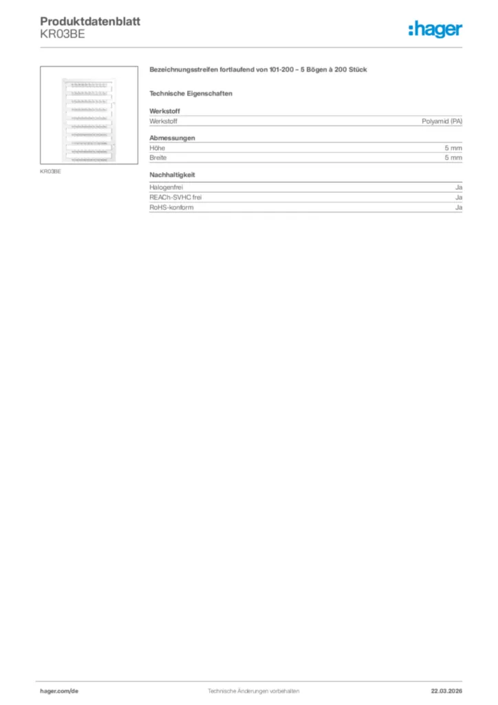 Bild Hager Produktdatenblatt KR03BE | Hager Deutschland