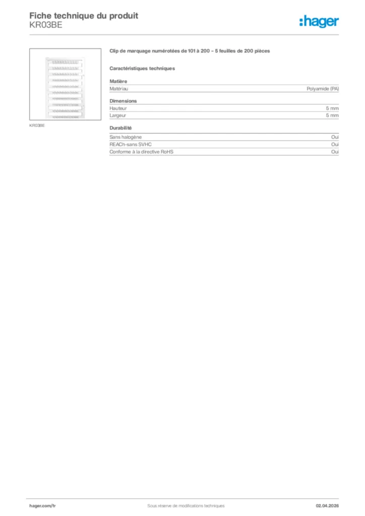 Image Hager Fiche technique du produit KR03BE | Hager France