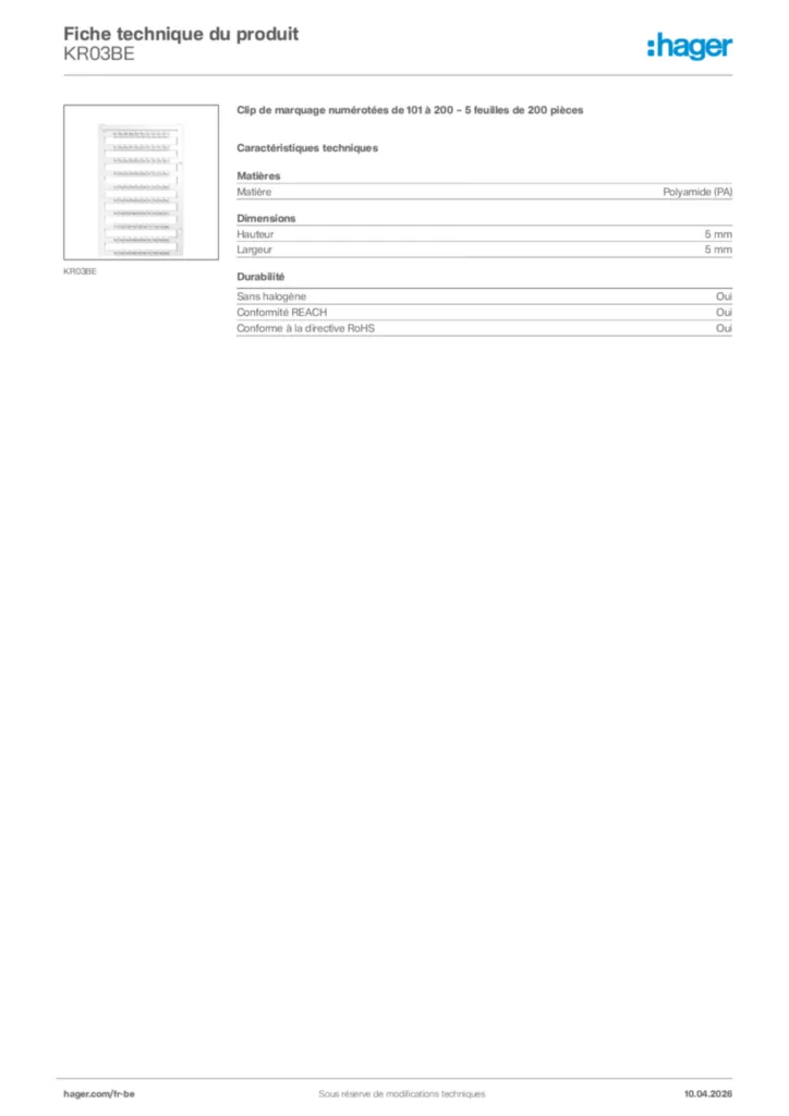 Image Hager Fiche technique du produit KR03BE | Hager Belgique
