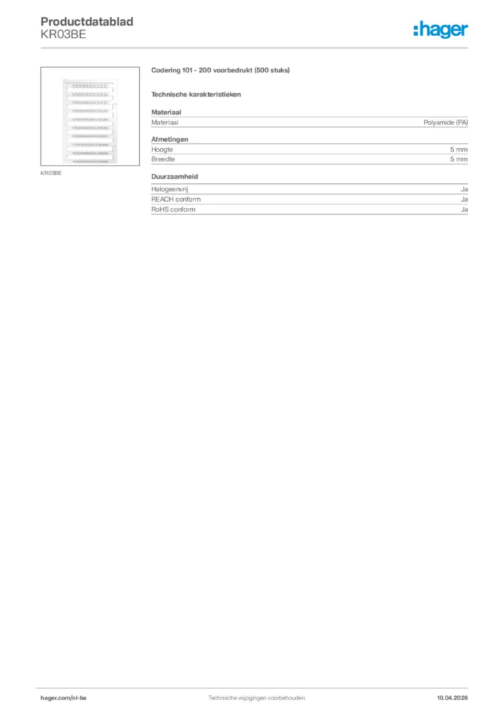 Afbeelding Hager Productdatablad KR03BE | Hager Belgium